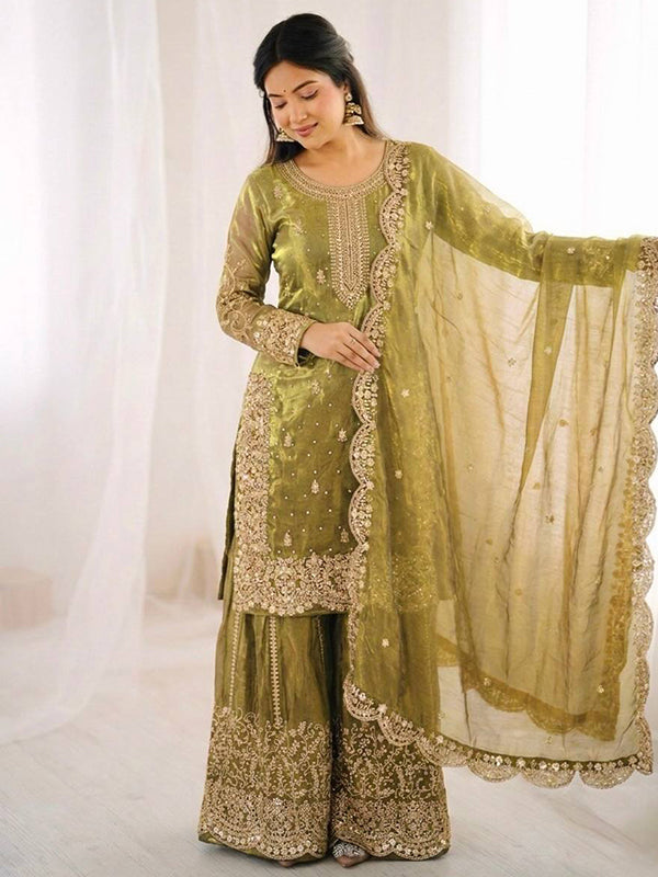 Light Green Embroidery Sequence Work Fendy Silk Top Palazzo With Dupatta