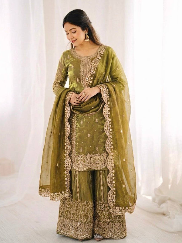 Light Green Embroidery Sequence Work Fendy Silk Top Palazzo With Dupatta