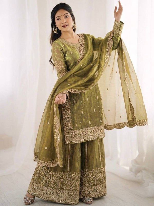 Light Green Embroidery Sequence Work Fendy Silk Top Palazzo With Dupatta