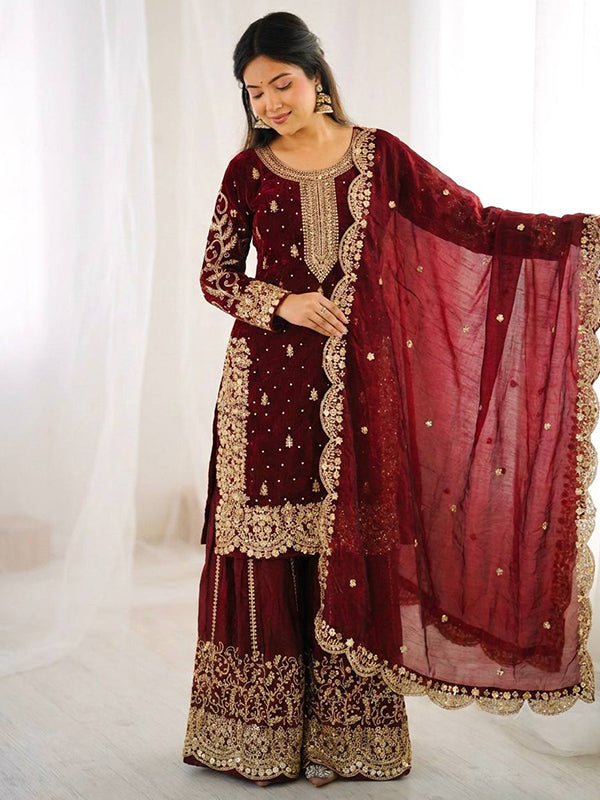 Maroon Embroidery Sequence Work Fendy Silk Top Palazzo With Dupatta