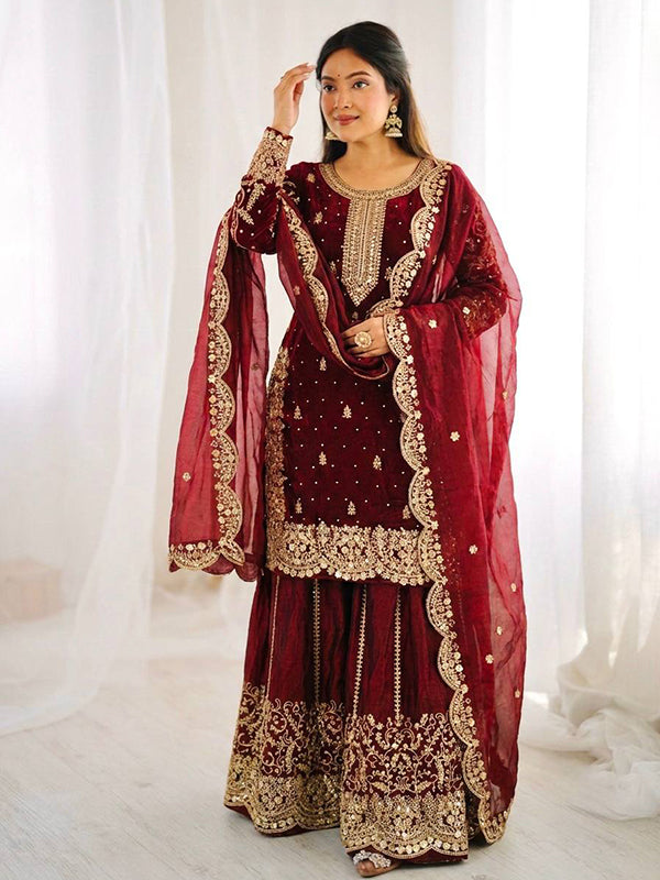 Maroon Embroidery Sequence Work Fendy Silk Top Palazzo With Dupatta