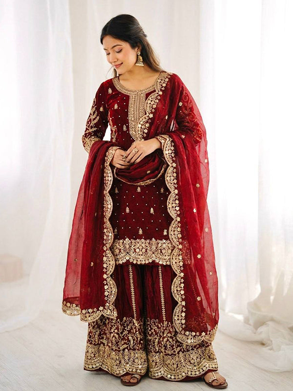 Maroon Embroidery Sequence Work Fendy Silk Top Palazzo With Dupatta