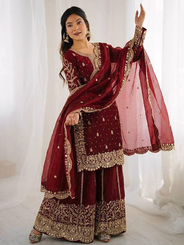 Maroon Fendy Silk Top Palazzo With Dupatta Mother Daughter Combo