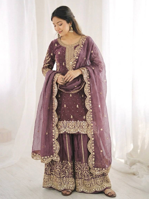 Mauve Embroidery Sequence Work Fendy Silk Top Palazzo With Dupatta