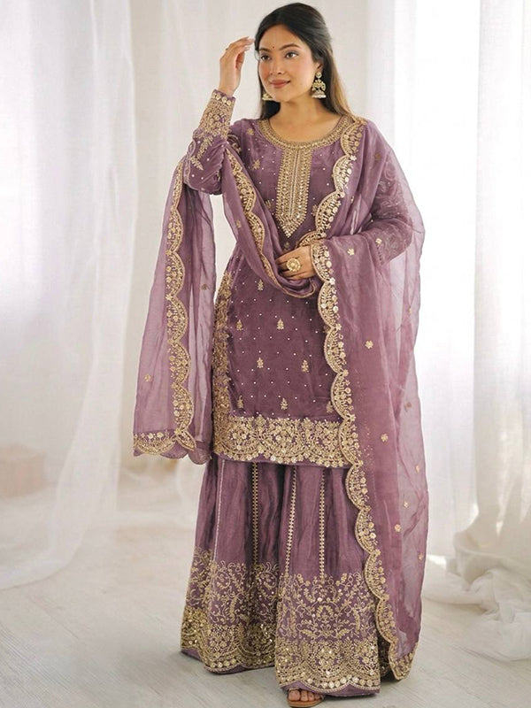 Mauve Embroidery Sequence Work Fendy Silk Top Palazzo With Dupatta