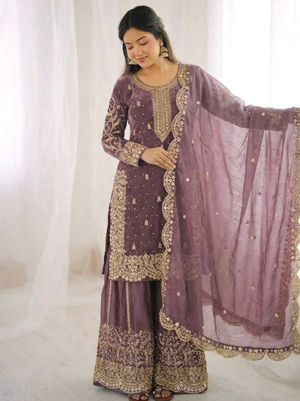 Mauve Embroidery Sequence Work Fendy Silk Top Palazzo With Dupatta