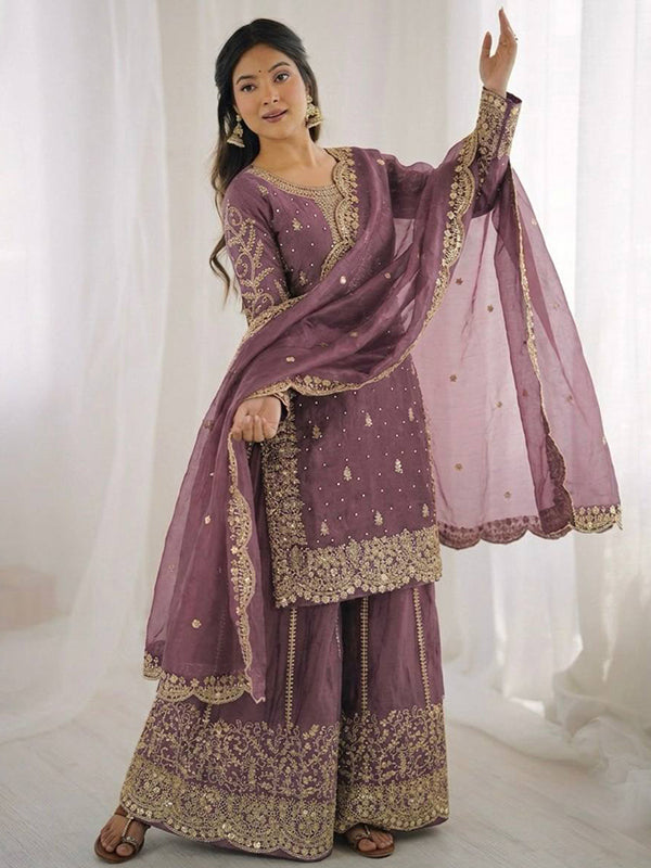 Mauve Embroidery Sequence Work Fendy Silk Top Palazzo With Dupatta