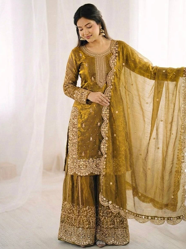 Mehndi Green Embroidery Sequence Work Fendy Silk Top Palazzo With Dupatta