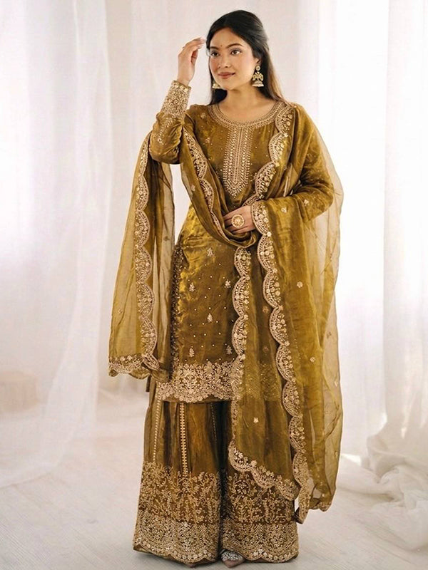 Mehndi Green Embroidery Sequence Work Fendy Silk Top Palazzo With Dupatta