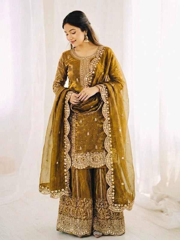 Mehndi Green Embroidery Sequence Work Fendy Silk Top Palazzo With Dupatta