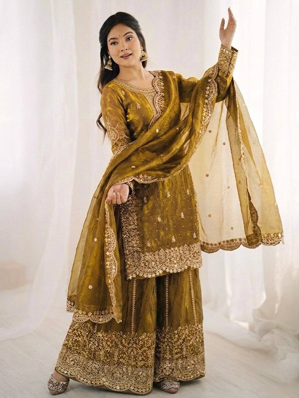 Mehndi Green Embroidery Sequence Work Fendy Silk Top Palazzo With Dupatta