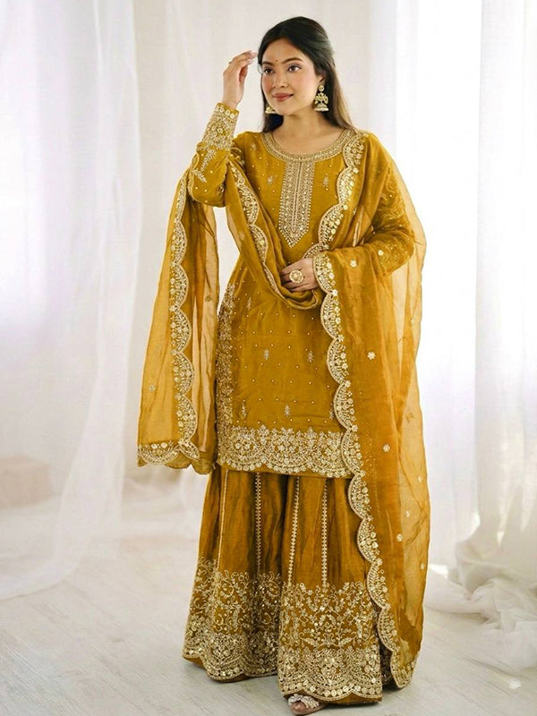 Mustard Yellow Embroidery Sequence Work Fendy Silk Top Palazzo With Dupatta