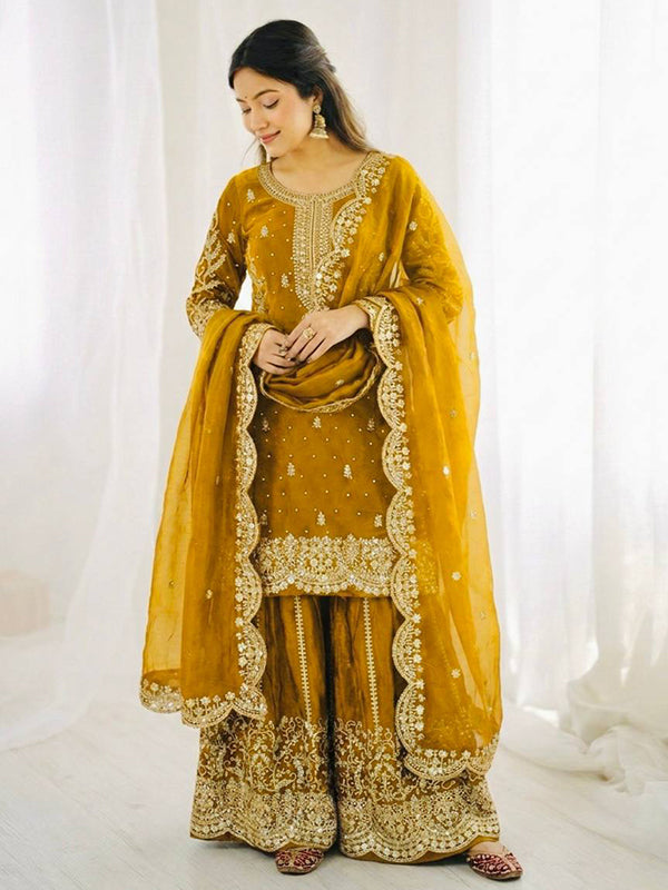 Mustard Yellow Embroidery Sequence Work Fendy Silk Top Palazzo With Dupatta