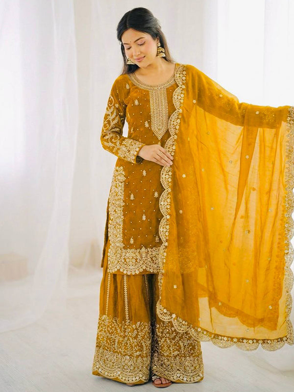 Mustard Yellow Embroidery Sequence Work Fendy Silk Top Palazzo With Dupatta
