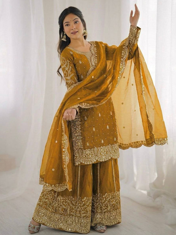 Mustard Yellow Embroidery Sequence Work Fendy Silk Top Palazzo With Dupatta