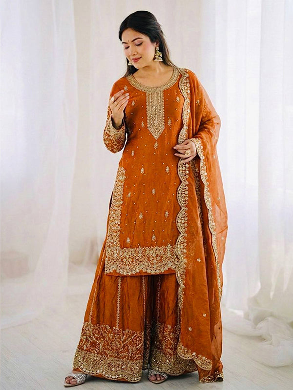 Orange Embroidery Sequence Work Fendy Silk Top Palazzo With Dupatta