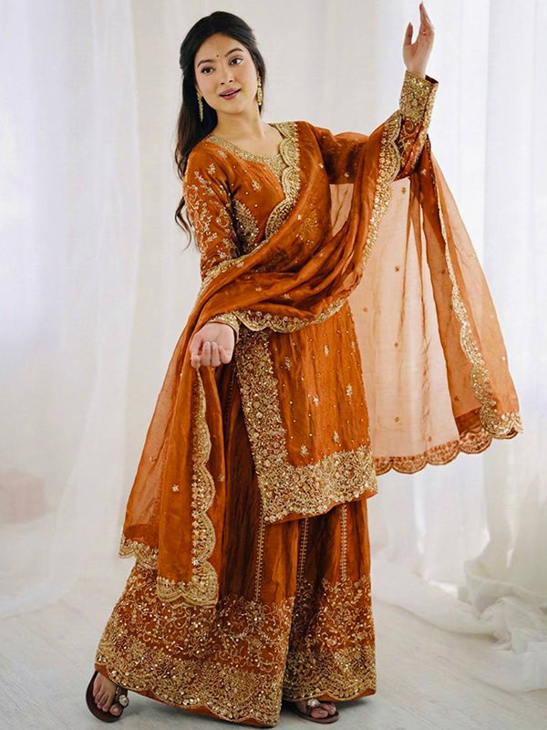 Orange Embroidery Sequence Work Fendy Silk Top Palazzo With Dupatta