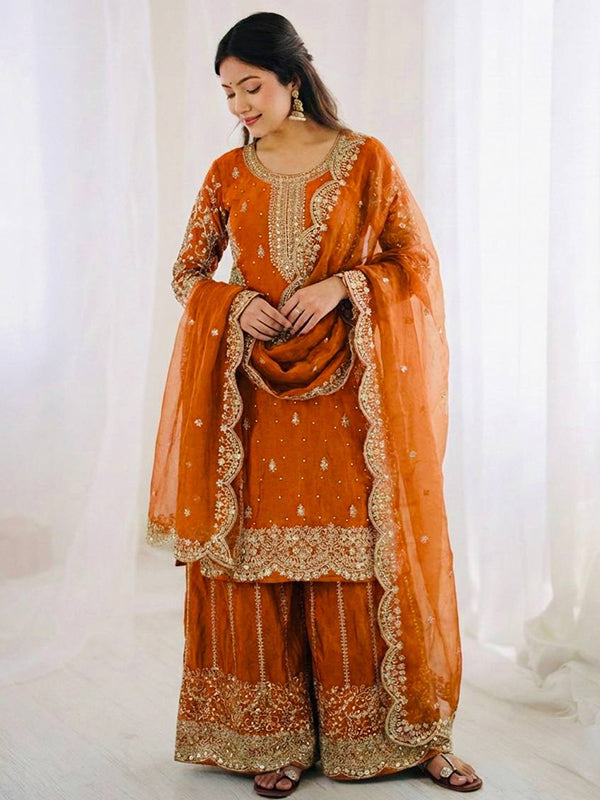 Orange Embroidery Sequence Work Fendy Silk Top Palazzo With Dupatta