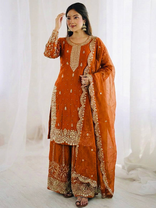 Orange Embroidery Sequence Work Fendy Silk Top Palazzo With Dupatta