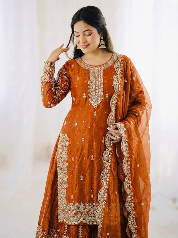 Orange Embroidery Sequence Work Fendy Silk Top Palazzo With Dupatta