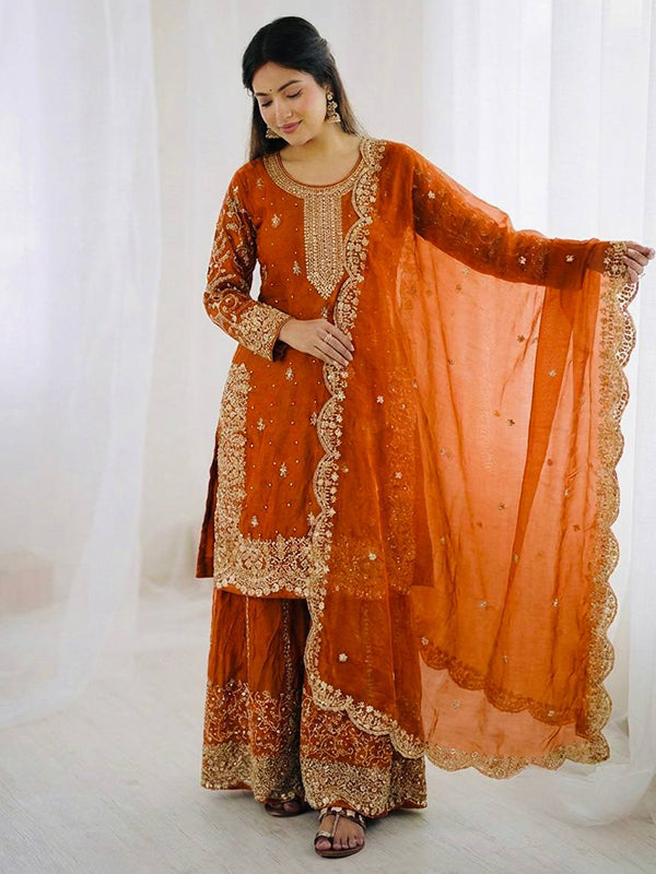 Orange Embroidery Sequence Work Fendy Silk Top Palazzo With Dupatta