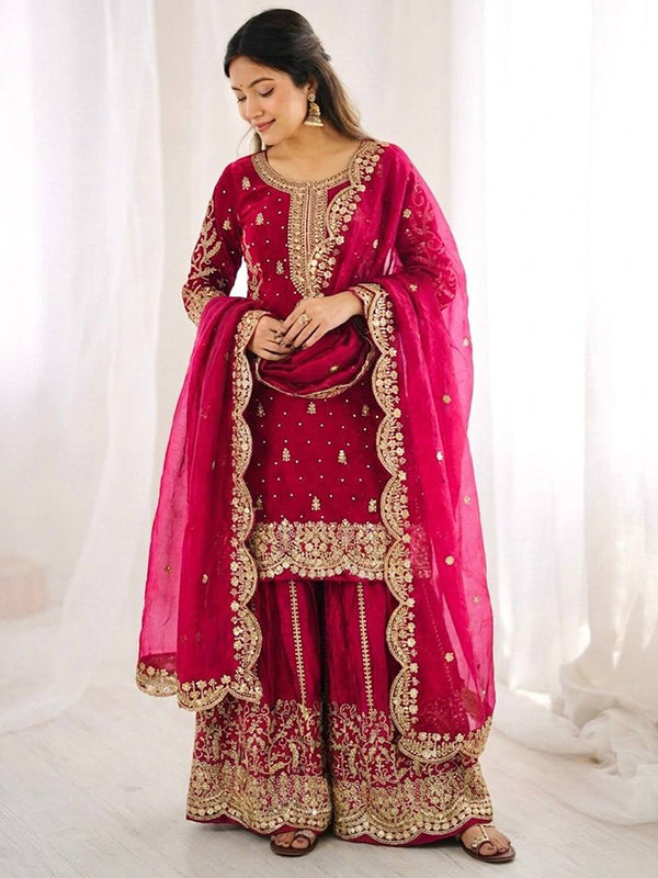 Rani Pink Embroidery Sequence Work Fendy Silk Top Palazzo With Dupatta