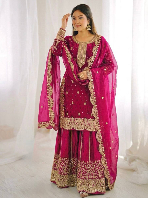 Rani Pink Embroidery Sequence Work Fendy Silk Top Palazzo With Dupatta