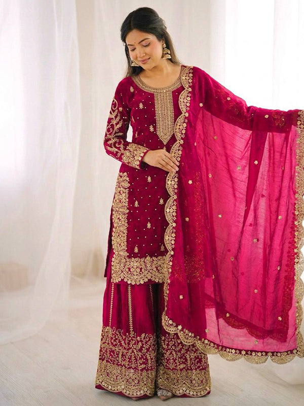 Rani Pink Embroidery Sequence Work Fendy Silk Top Palazzo With Dupatta