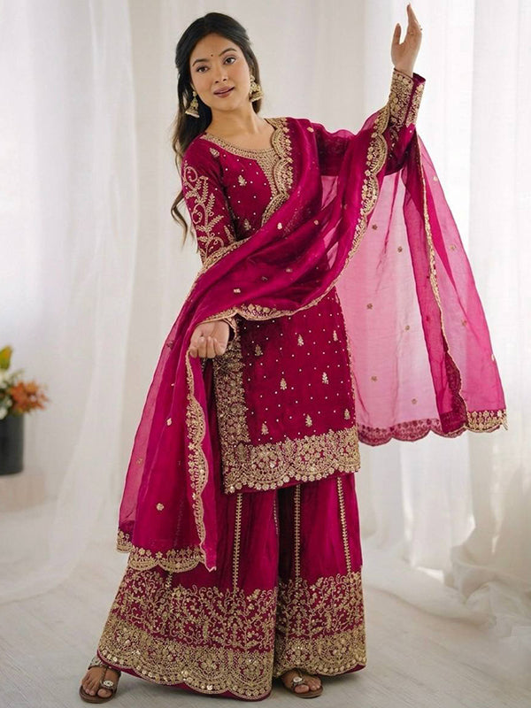 Rani Pink Embroidery Sequence Work Fendy Silk Top Palazzo With Dupatta