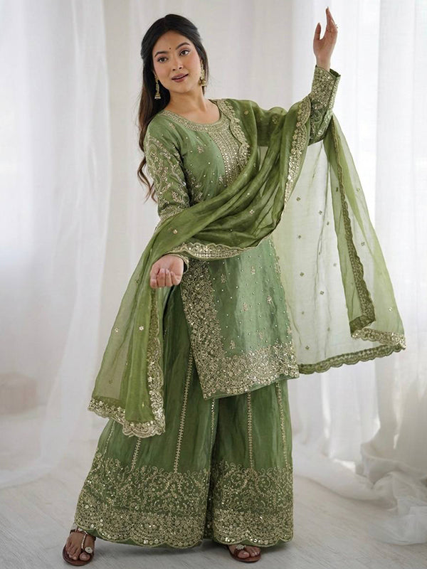 Pista Green Embroidery Sequence Work Fendy Silk Top Palazzo With Dupatta