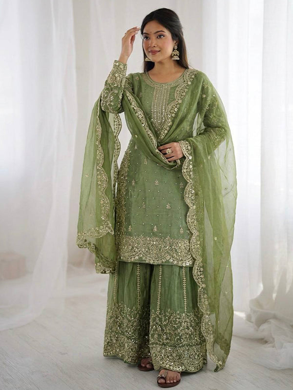 Pista Green Embroidery Sequence Work Fendy Silk Top Palazzo With Dupatta