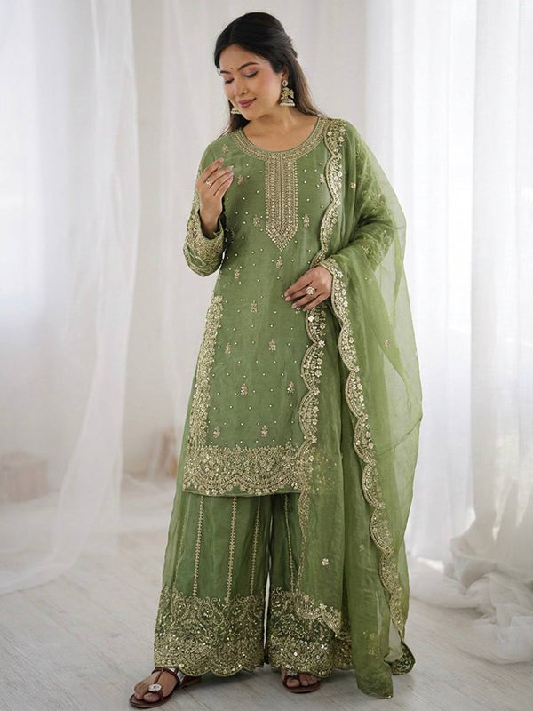 Pista Green Embroidery Sequence Work Fendy Silk Top Palazzo With Dupatta