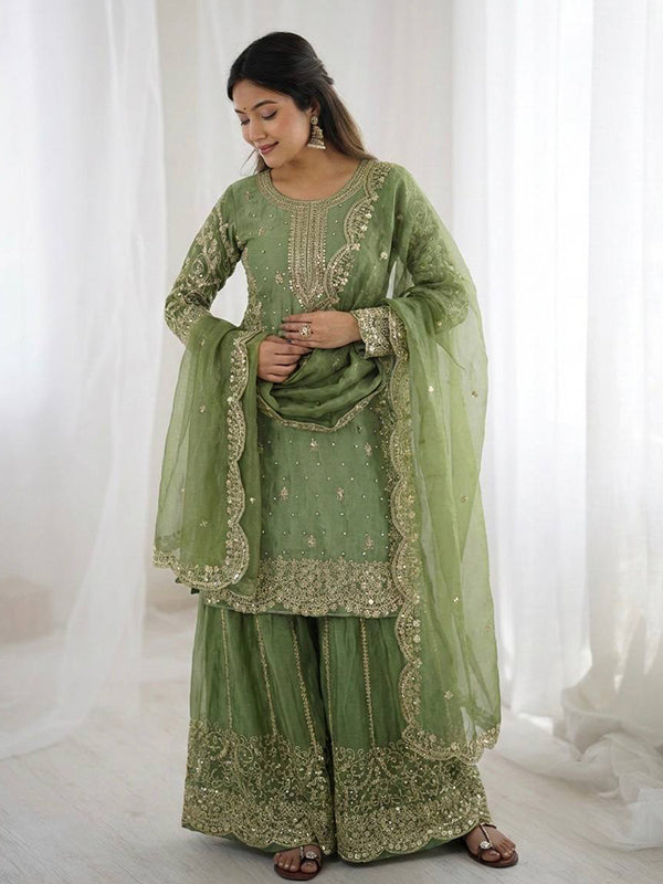 Pista Green Embroidery Sequence Work Fendy Silk Top Palazzo With Dupatta