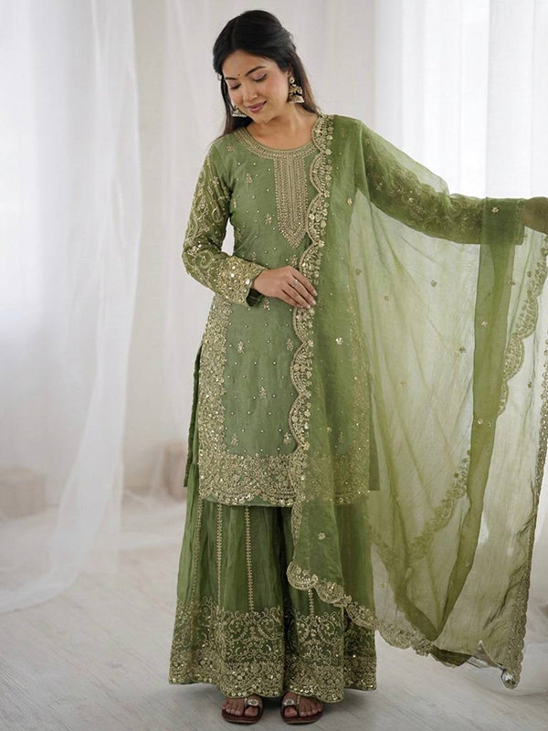 Pista Green Embroidery Sequence Work Fendy Silk Top Palazzo With Dupatta