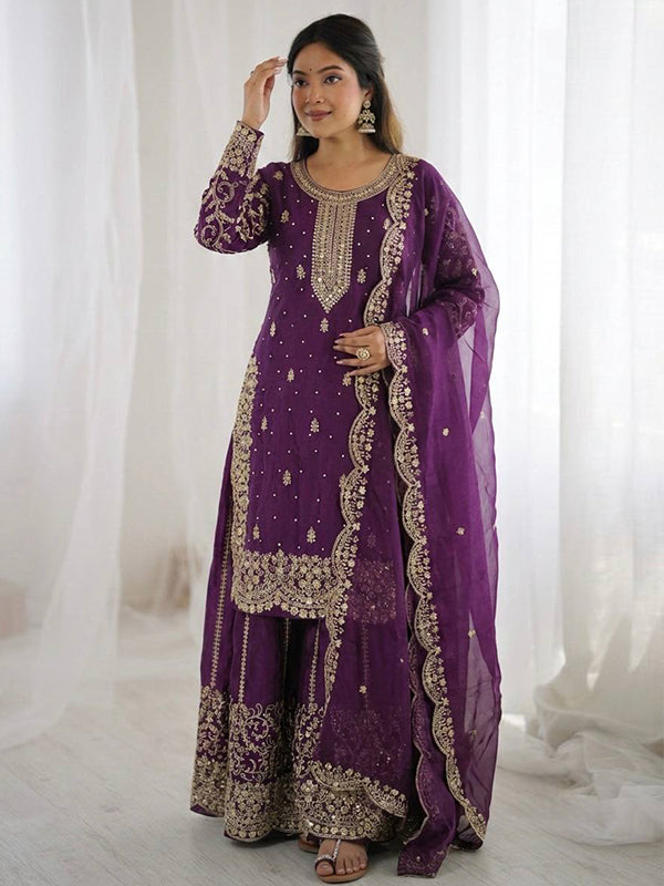 Purple Embroidery Sequence Work Fendy Silk Top Palazzo With Dupatta