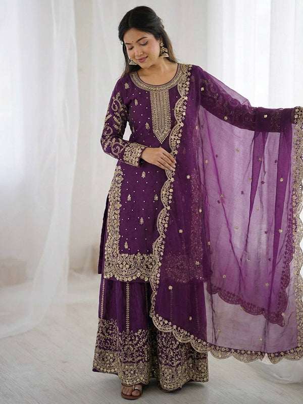 Purple Embroidery Sequence Work Fendy Silk Top Palazzo With Dupatta