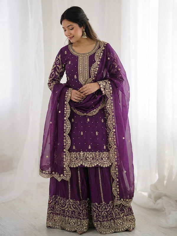 Purple Embroidery Sequence Work Fendy Silk Top Palazzo With Dupatta