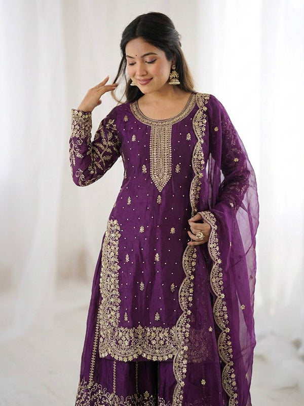 Purple Embroidery Sequence Work Fendy Silk Top Palazzo With Dupatta