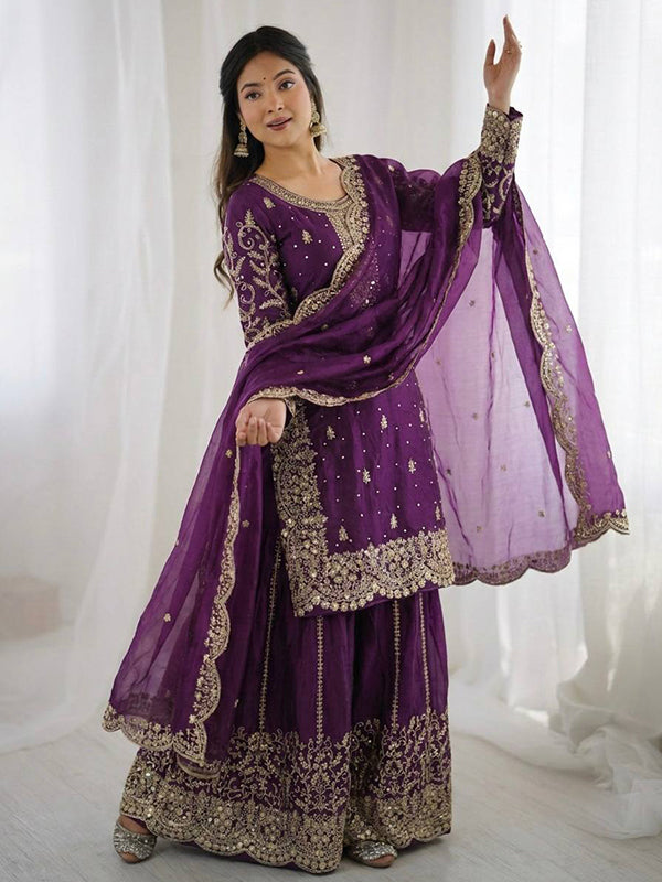 Purple Embroidery Sequence Work Fendy Silk Top Palazzo With Dupatta