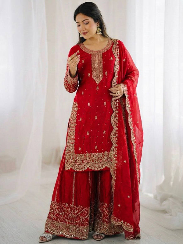 Red Embroidery Sequence Work Fendy Silk Top Palazzo With Dupatta
