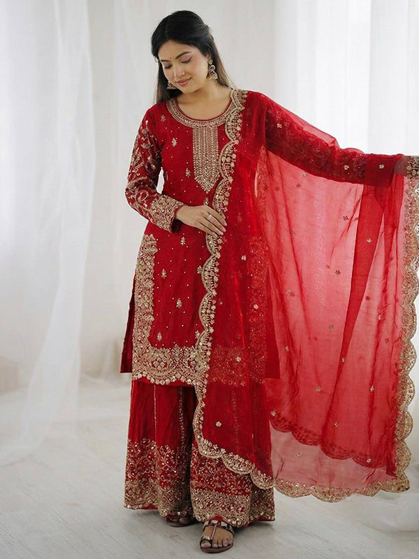 Red Embroidery Sequence Work Fendy Silk Top Palazzo With Dupatta