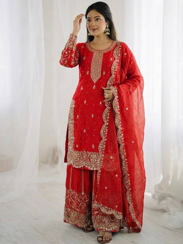 Red Embroidery Sequence Work Fendy Silk Top Palazzo With Dupatta