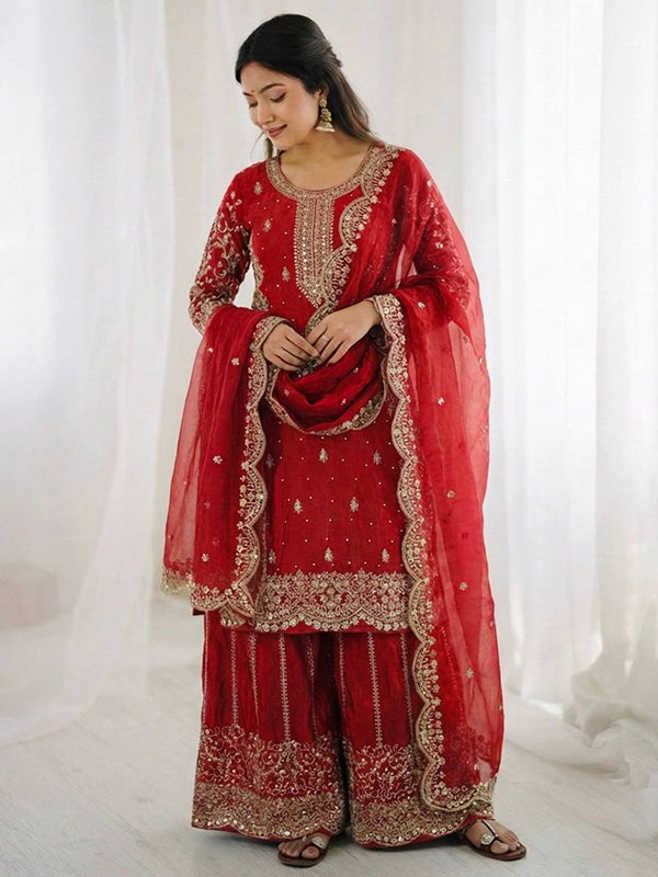 Red Embroidery Sequence Work Fendy Silk Top Palazzo With Dupatta