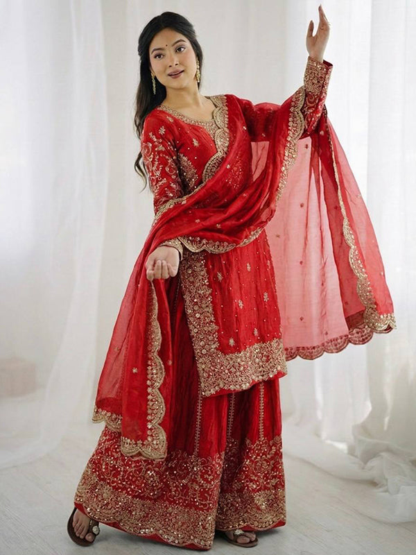 Red Embroidery Sequence Work Fendy Silk Top Palazzo With Dupatta