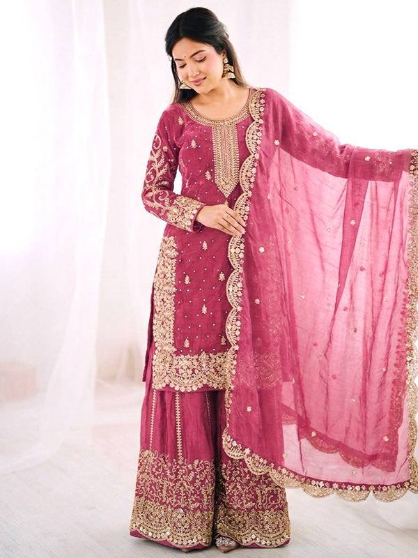 Rose Pink Embroidery Sequence Work Fendy Silk Top Palazzo With Dupatta
