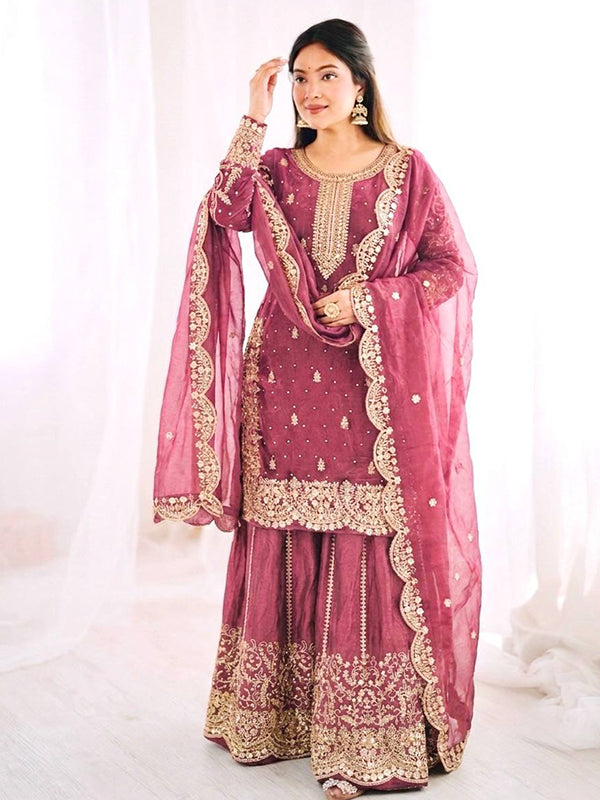 Rose Pink Embroidery Sequence Work Fendy Silk Top Palazzo With Dupatta