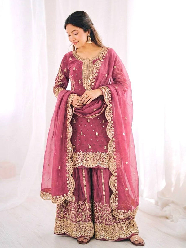 Rose Pink Embroidery Sequence Work Fendy Silk Top Palazzo With Dupatta