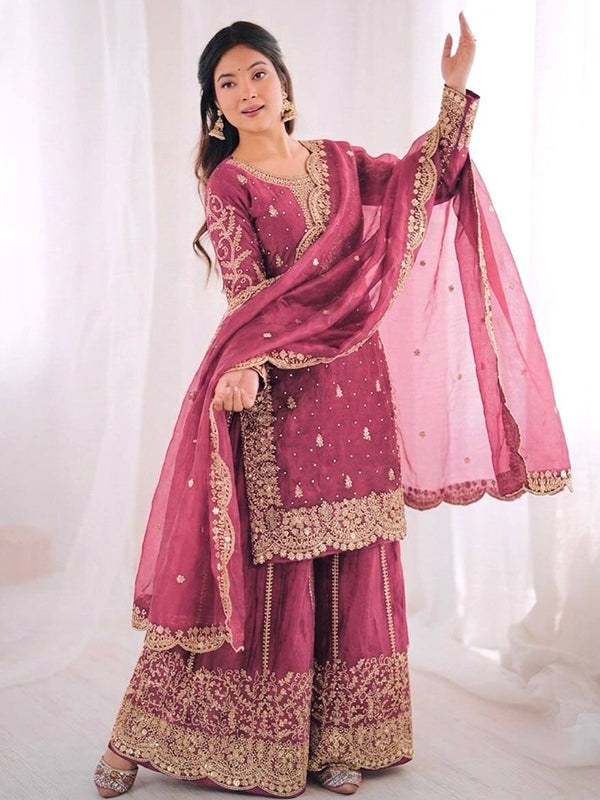 Rose Pink Embroidery Sequence Work Fendy Silk Top Palazzo With Dupatta