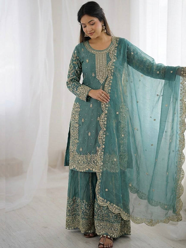 Sky Blue Embroidery Sequence Work Fendy Silk Top Palazzo With Dupatta
