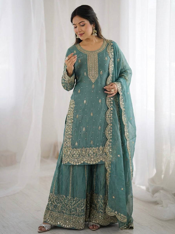 Sky Blue Embroidery Sequence Work Fendy Silk Top Palazzo With Dupatta